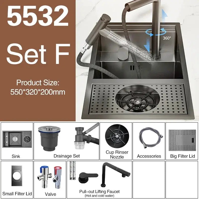 Simples Market ASRAS Nano black kitchen sink set with concealed single-bowl and lifting faucet