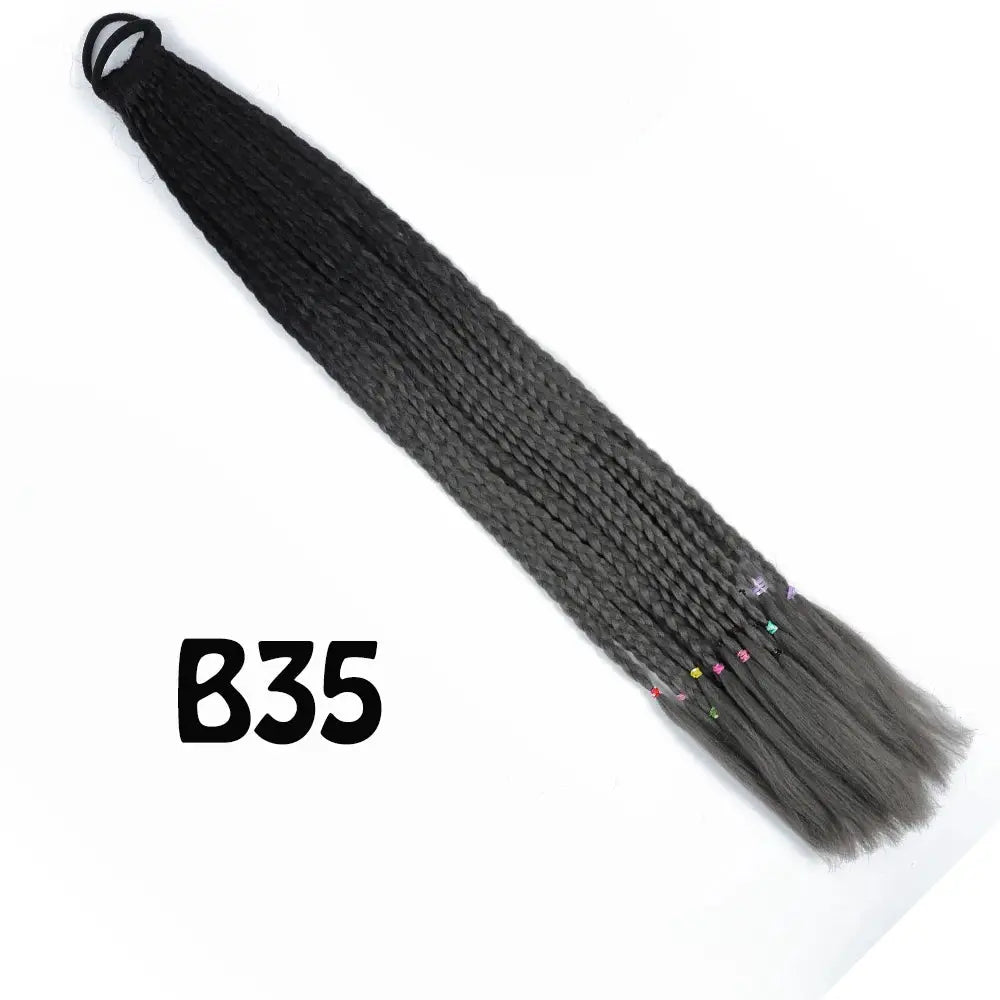 Braided ponytail extension, 24 inches, synthetic gradient from black to grey with rainbow bead accents and elastic band