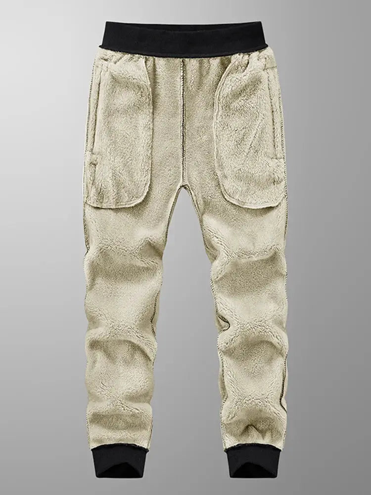 Winter men's beige thick fleece joggers by Simples Market with zip pockets, black cuffs, plus sizes