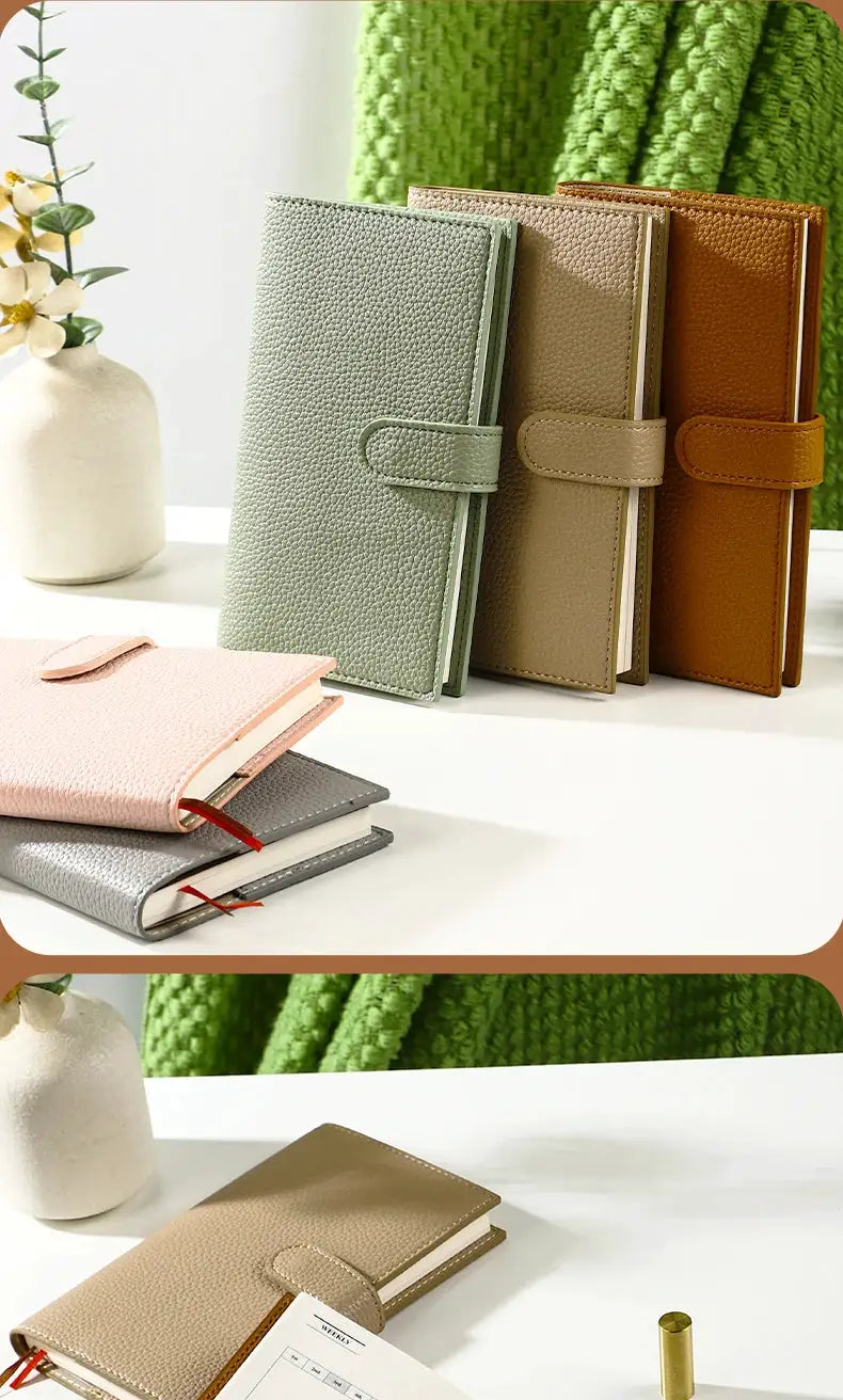 A6 weekly planner notebooks with compact leather covers in assorted colors set of 7