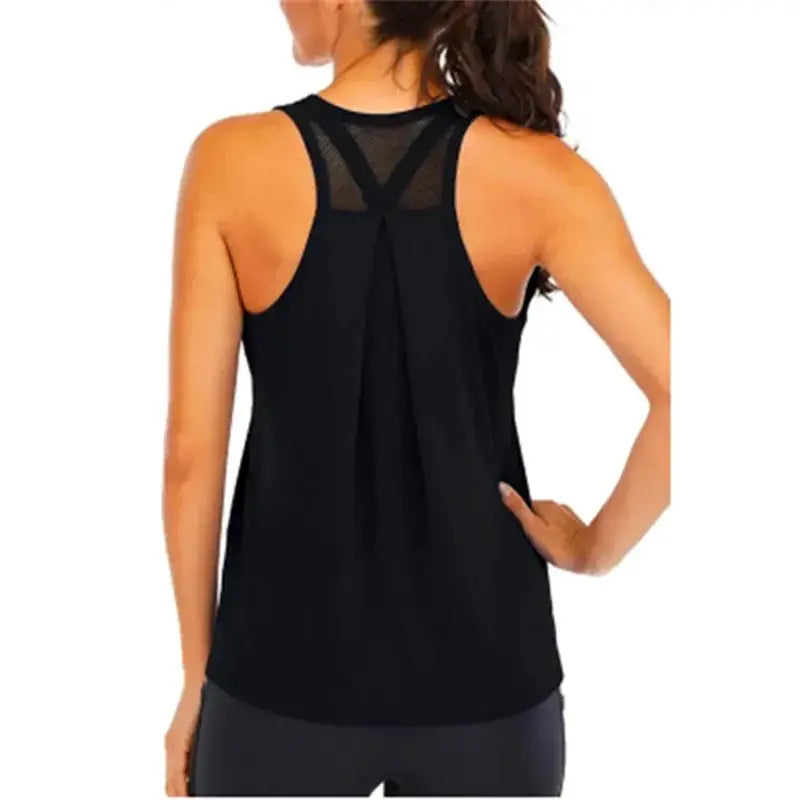 Women's black yoga vest, loose-fit tank with mesh back panel