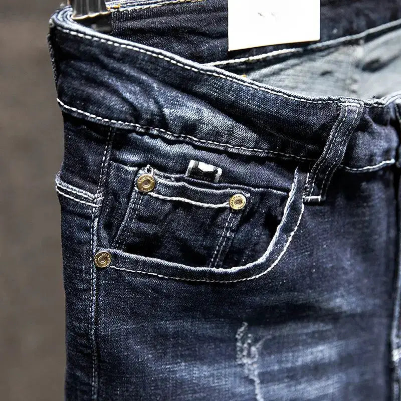 American Elastic Straight Jeans for men, blue denim with distressed details and contrast stitching