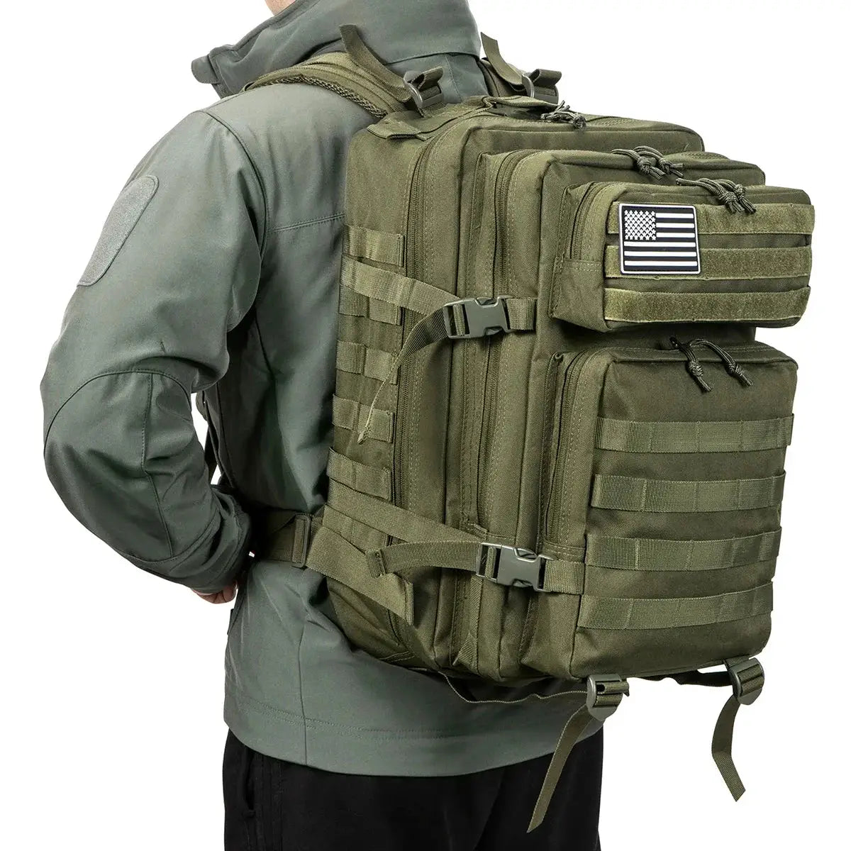 Simples Market 45L tactical backpack in olive green with MOLLE straps for hiking and camping