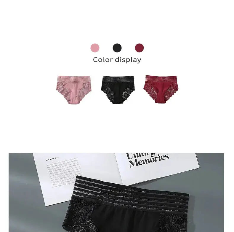 3-piece set of women's lace panties in pink, black, and red; breathable seamless briefs.
