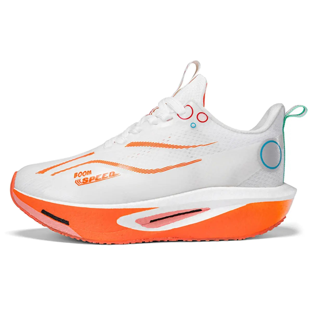 Carbon plate running shoes white with orange sole, breathable lightweight marathon sneakers