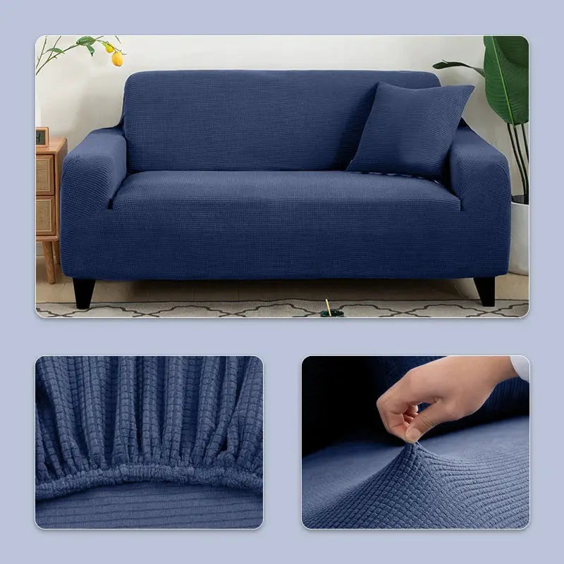 Simples Market Elastic Jacquard sofa cover for 1–5 seat blue sofa; stretchy textured fabric with elastic hem