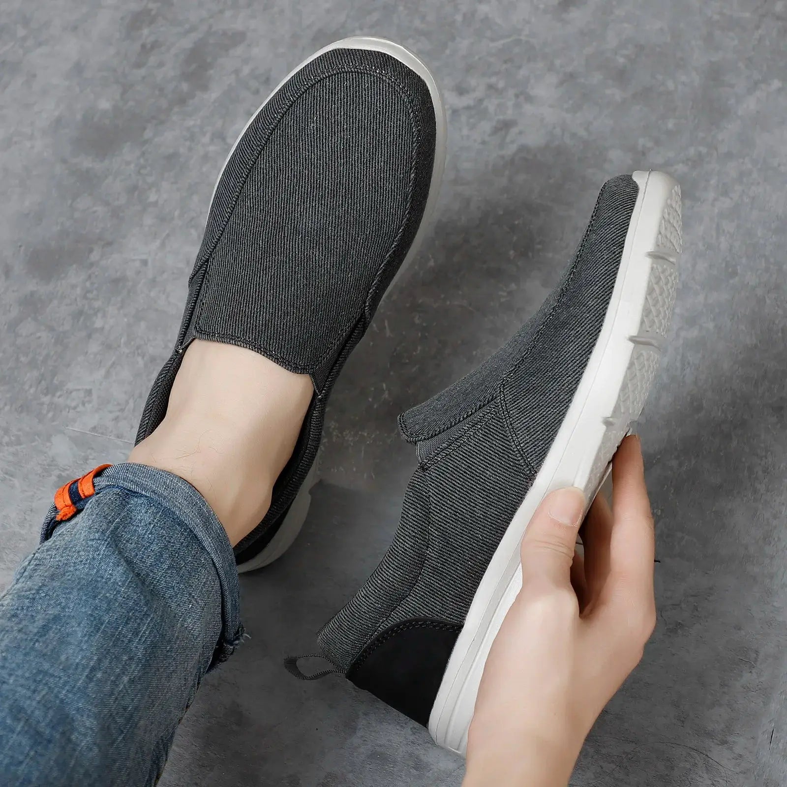 Men's grey canvas slip-on sneakers with white sole, breathable casual walking shoes