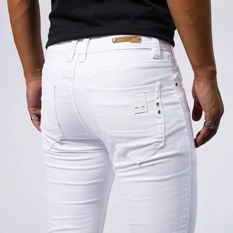 Mens White Casual Jeans Slim Fit Straight Denim Pants Streetwear
