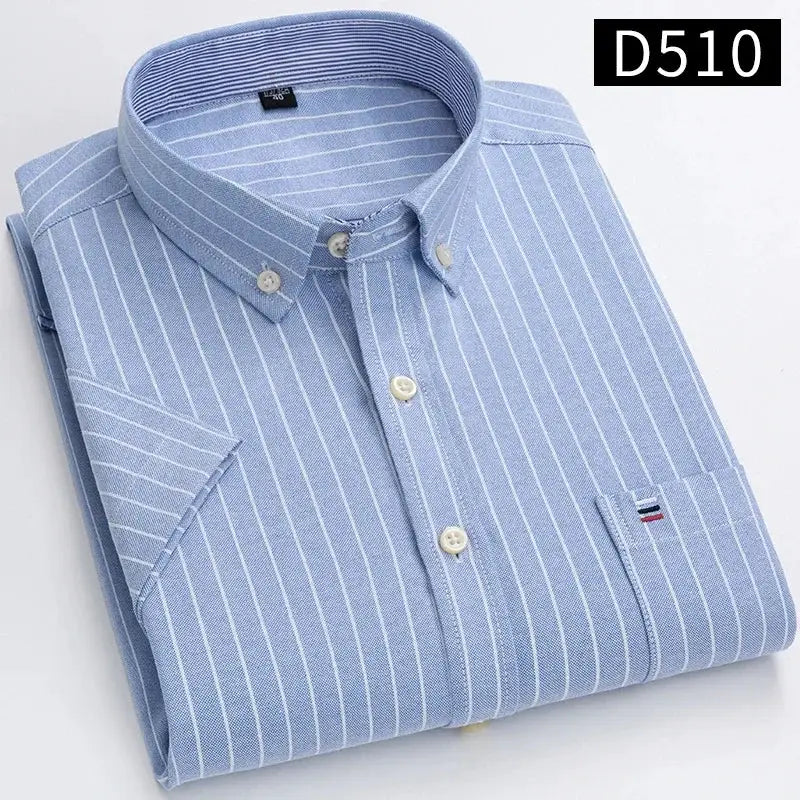 Simples Market men's 100% cotton striped oxford shirt, light blue with white vertical stripes, button-down