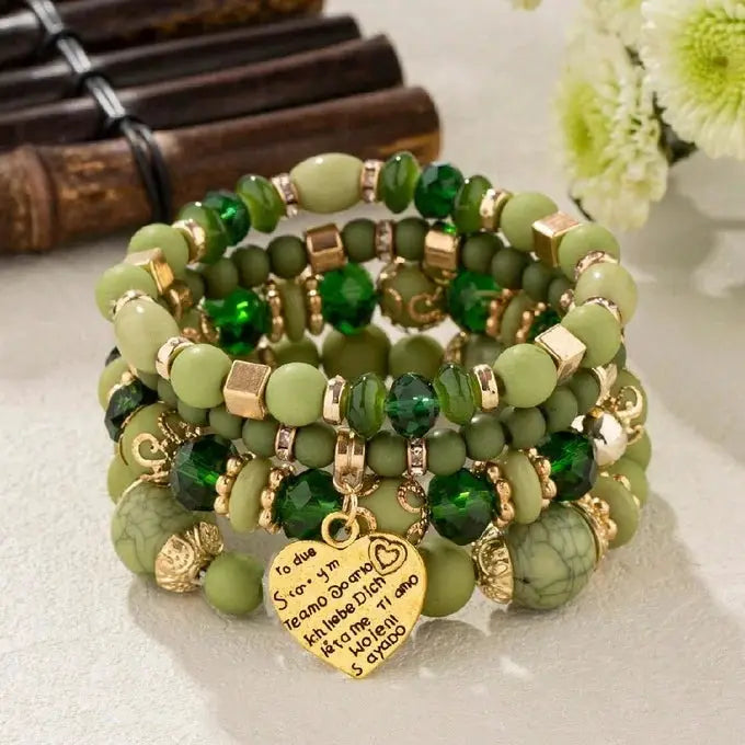 4 Piece Boho Strand Bracelet Set For Women With Crystal Beads Heart Charms And Letter Accents