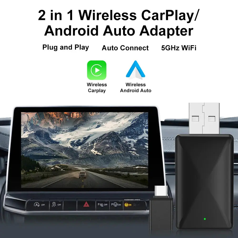 Simples Market Original FLIXIVI 2-in-1 CarPlay Android Auto wireless adapter, black USB dongle with green LED.