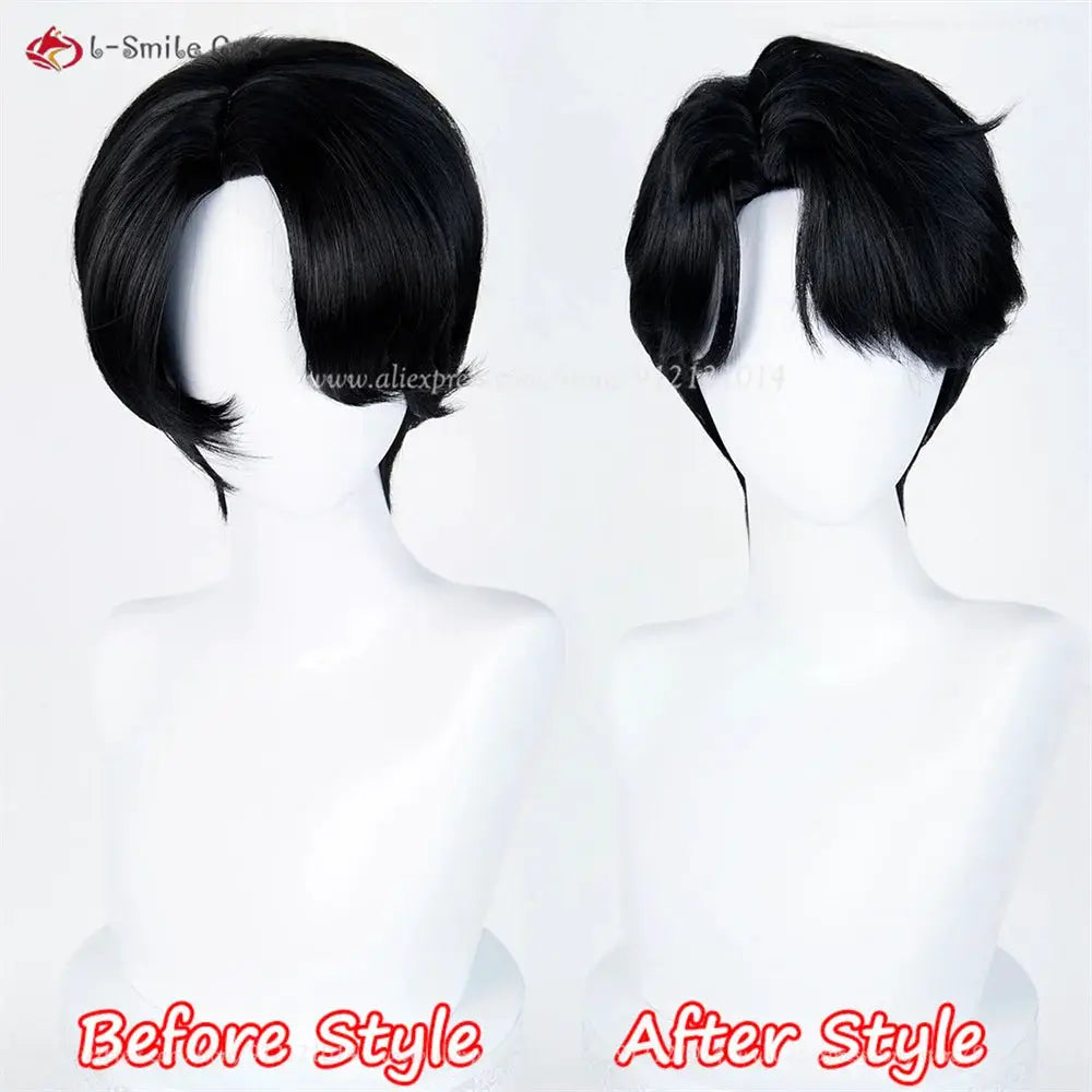 Simples Market anime cosplay wig, black heat-resistant synthetic hair, unisex, 2 wigs shown (before/after)