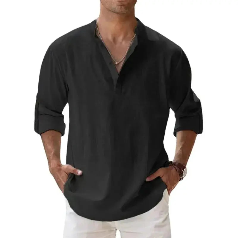 Men's Lightweight Long Sleeve Henley Shirts Cotton Linen Blend Breathable Casual Beachwear Tee