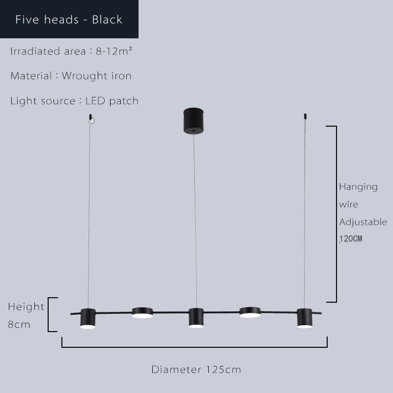 Simples Market five-head black wrought-iron LED chandelier, diameter 125cm with 120cm adjustable hanging wires