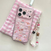 Pink Hello Kitty Melody phone case with pendant bracelet for iPhone, clear back