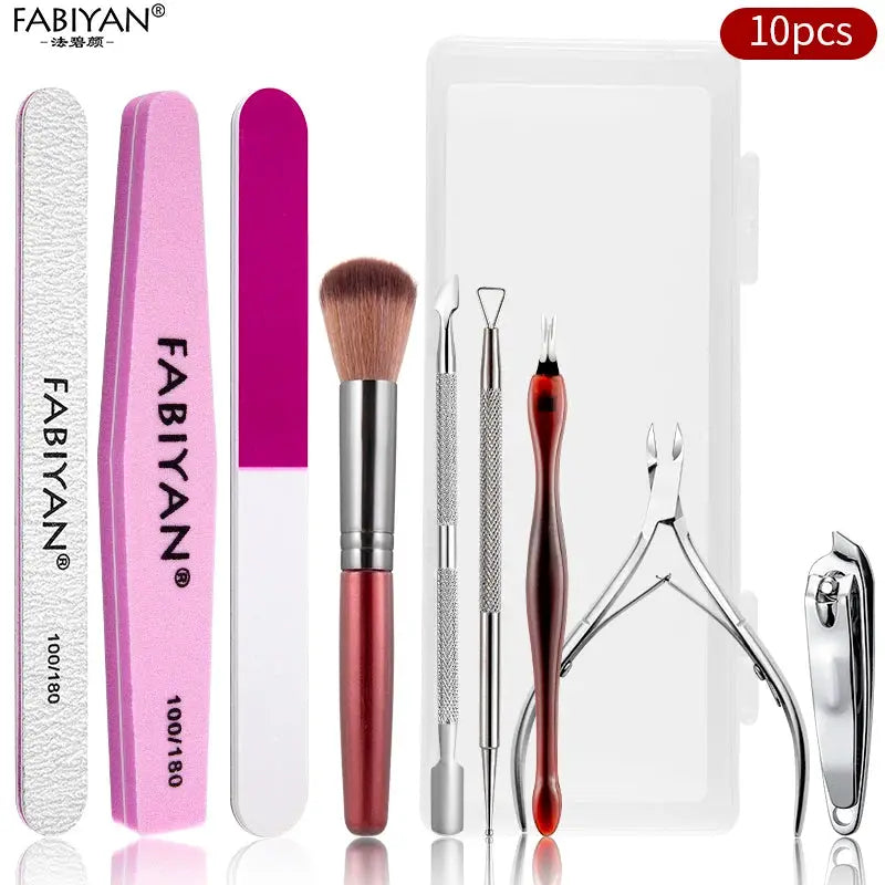 FABIYAN manicure set, 10pcs, includes nail files, buffer, cuticle pusher, nail clippers, dotting pen, tweezers, and case
