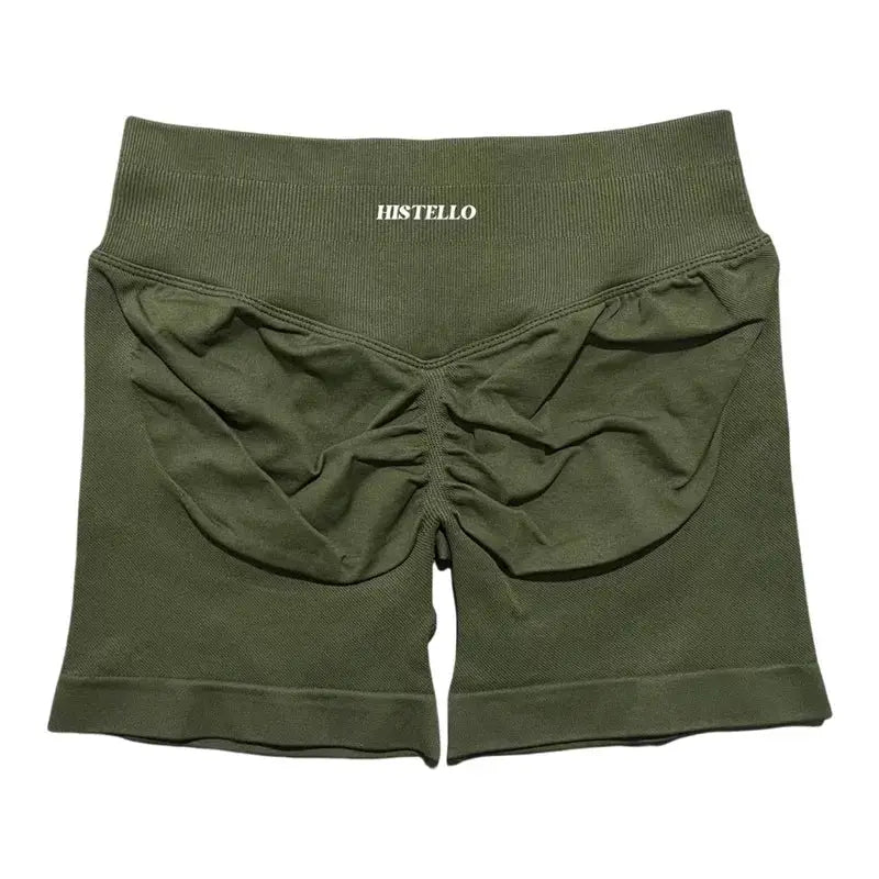 HISTELLO olive green sports shorts with low waist and scrunch back, breathable stretchy fabric