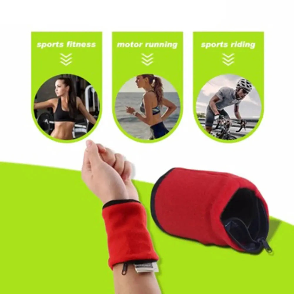 Wrist wallet pouch red cotton wristband with zipper for keys and coins; Simples Market unisex fitness accessory