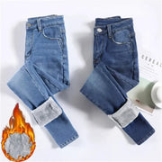 Women Thermal Jeans Fleece Lined Warm Stretch Slim Fit Pants Korean