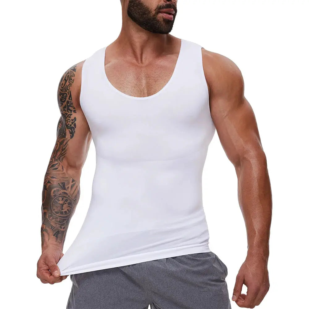 White men's shapewear slimming body shaper tank top with compression for tummy control.