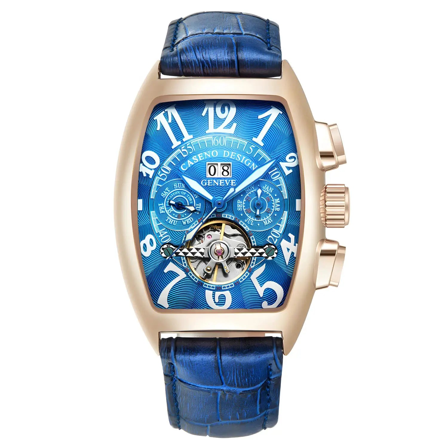 CASENO luxury men's automatic tourbillon skeleton watch with calendar, blue dial, rose-gold case and blue leather strap