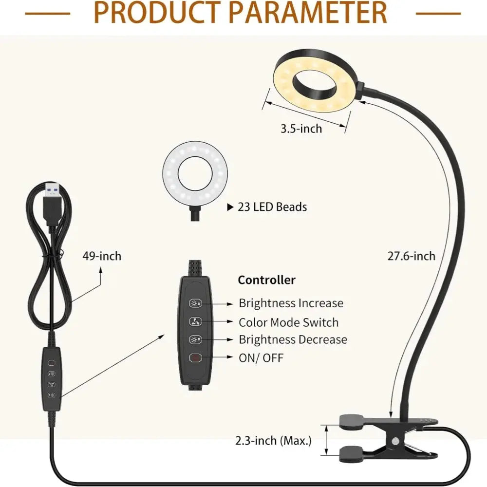 LED Reading Light with Clamp, black desk lamp with 23-LED ring, USB, 3 color modes and 10 brightness levels