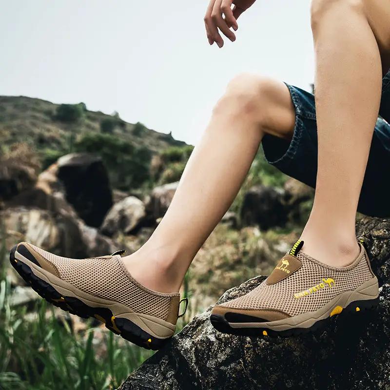 Simples Market men's beige mesh slip-on sneakers, breathable outdoor loafers with black-yellow outsole