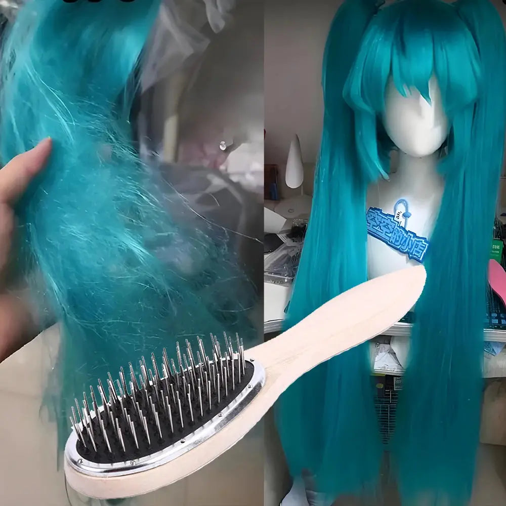 Simples Market professional wig brush with anti-static steel pins and wooden handle, shown with a teal wig.