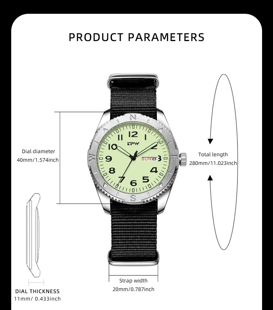 Simples Market TPW 40mm Field Watch with green dial, black fabric strap, date and day window, quartz movement