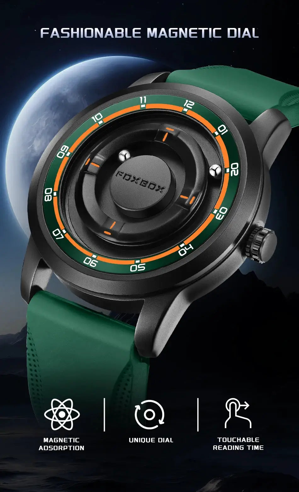 FOXBOX men's green silicone watch with black case and magnetic dial, green strap
