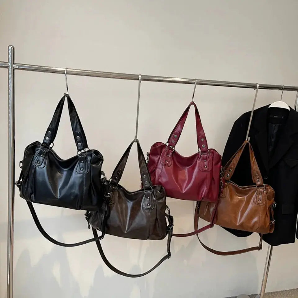 Simples Market five retro roomy shoulder bags in black, gray, burgundy and tan; soft PU leather totes