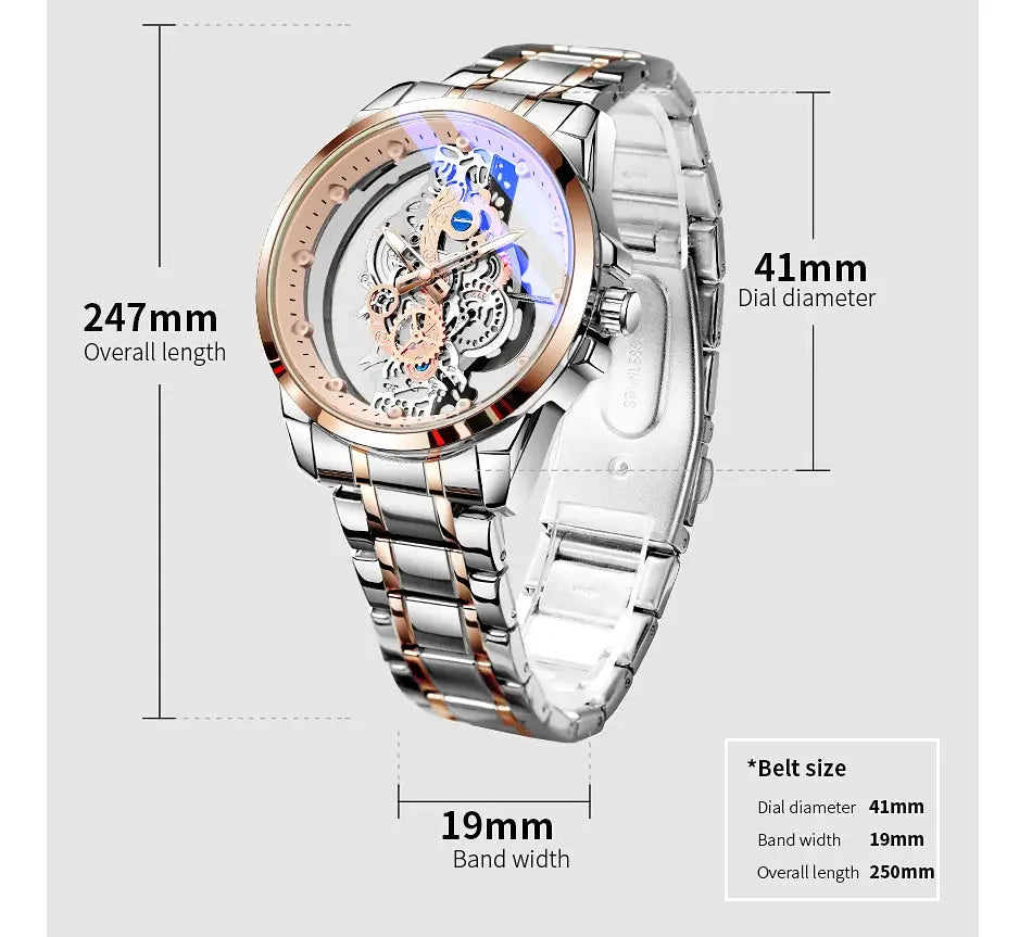 Simples Market men's skeleton automatic wristwatch with gold-tone and silver two-tone stainless steel band, 41mm dial