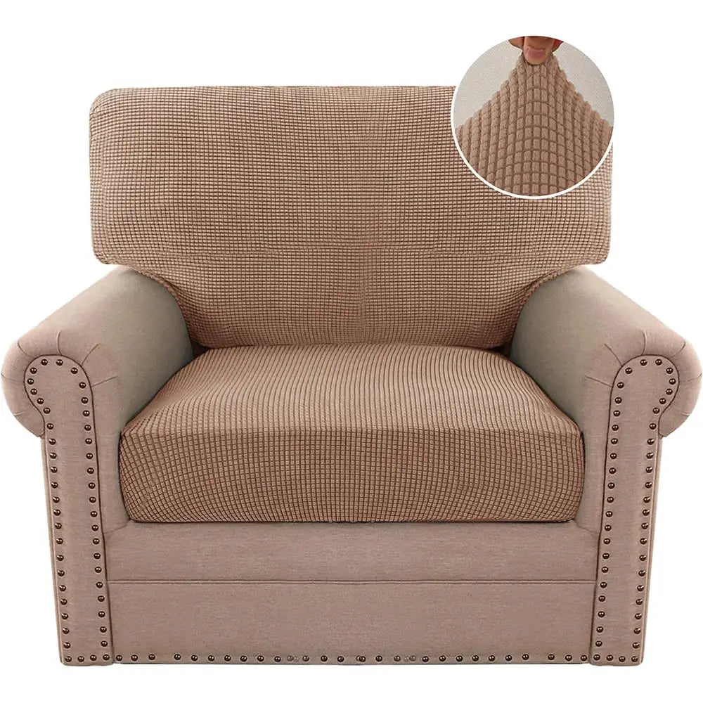 Jacquard polar fleece sofa cover for armchair, beige stretch slipcover with nailhead trim