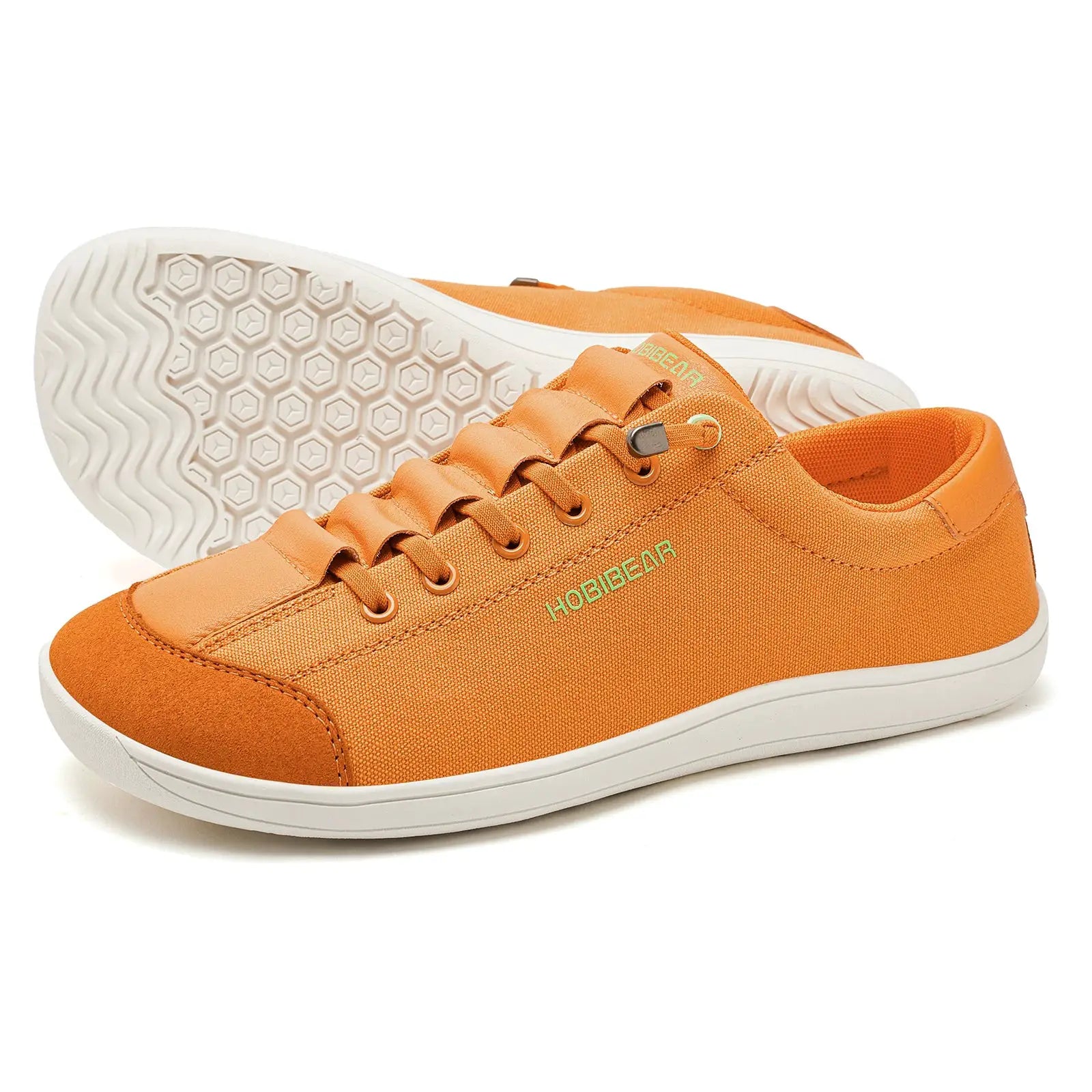 HOBIBEAR wide-toe barefoot sneakers in orange canvas with white sole; unisex lightweight walking shoes