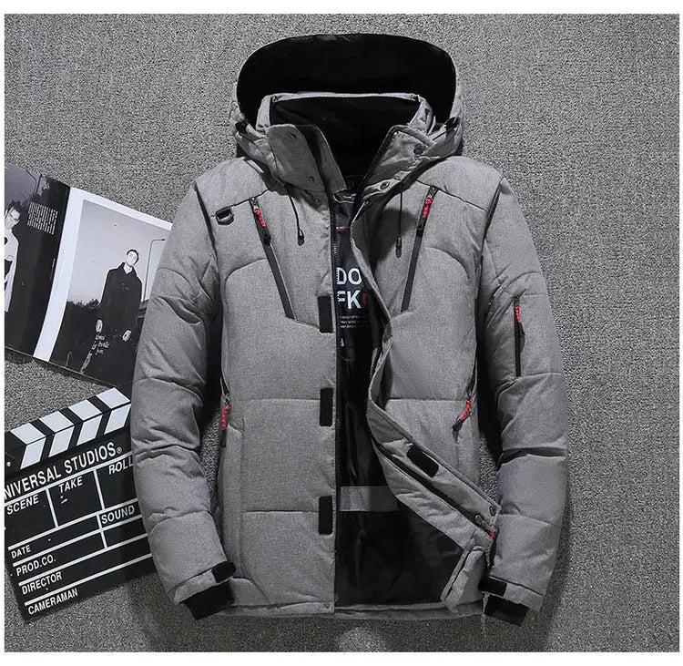 Men's Simples Market grey duck-down puffer jacket with hood, red zipper accents and zip pockets