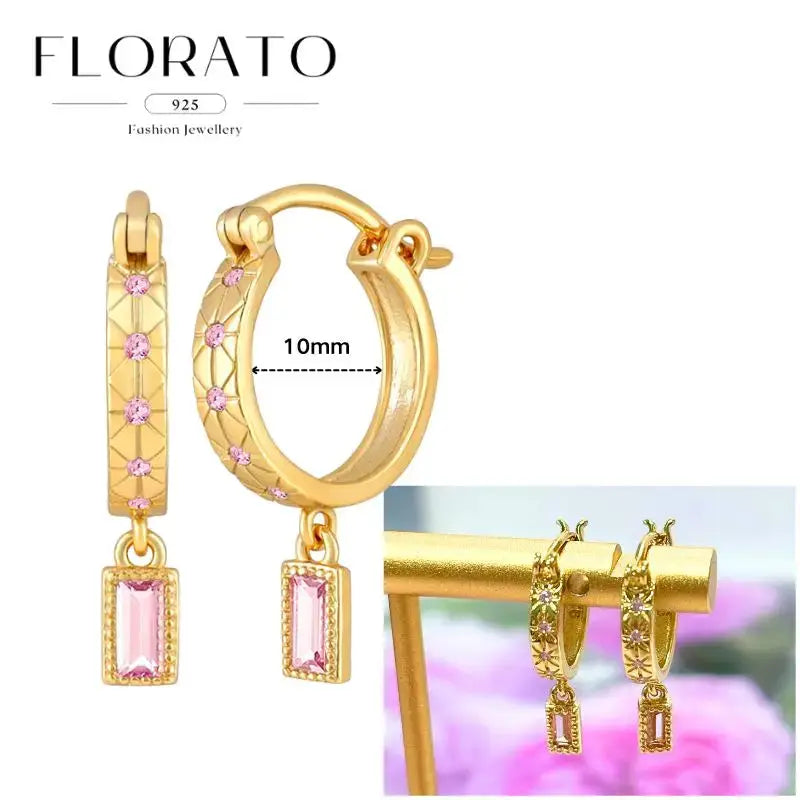 FLORATO 925 hoop earrings in gold-tone with pink zircon stones and hanging pink rectangular pendants
