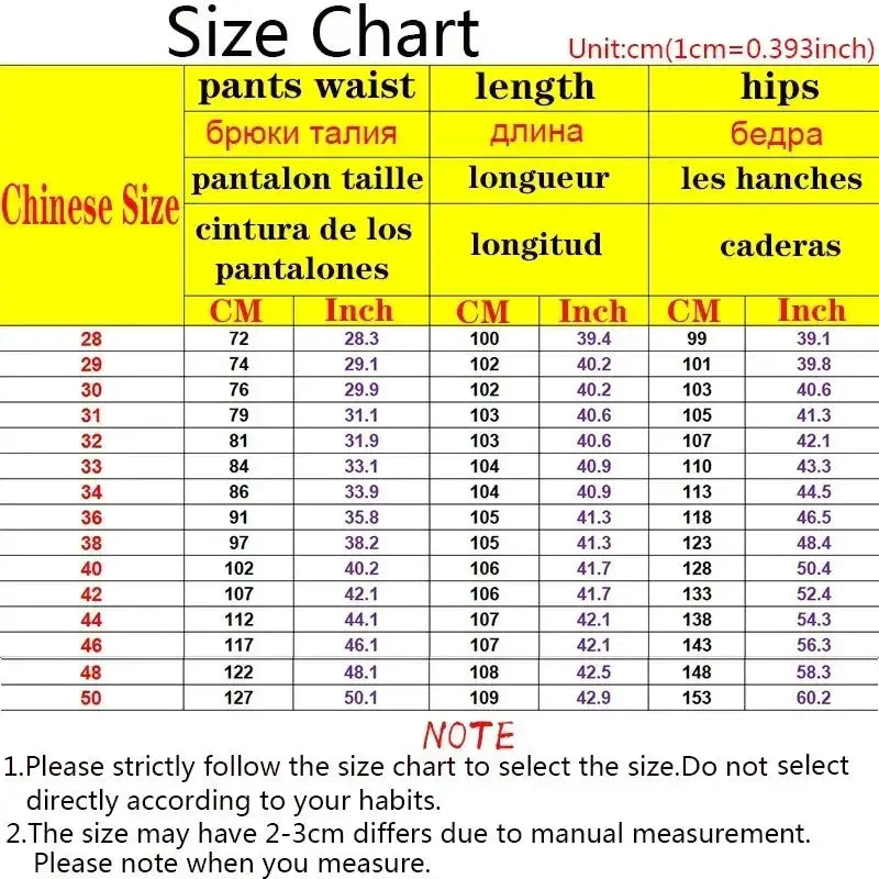 Mens Large Size Black Denim Jeans size chart with waist, length and hips in cm/inch