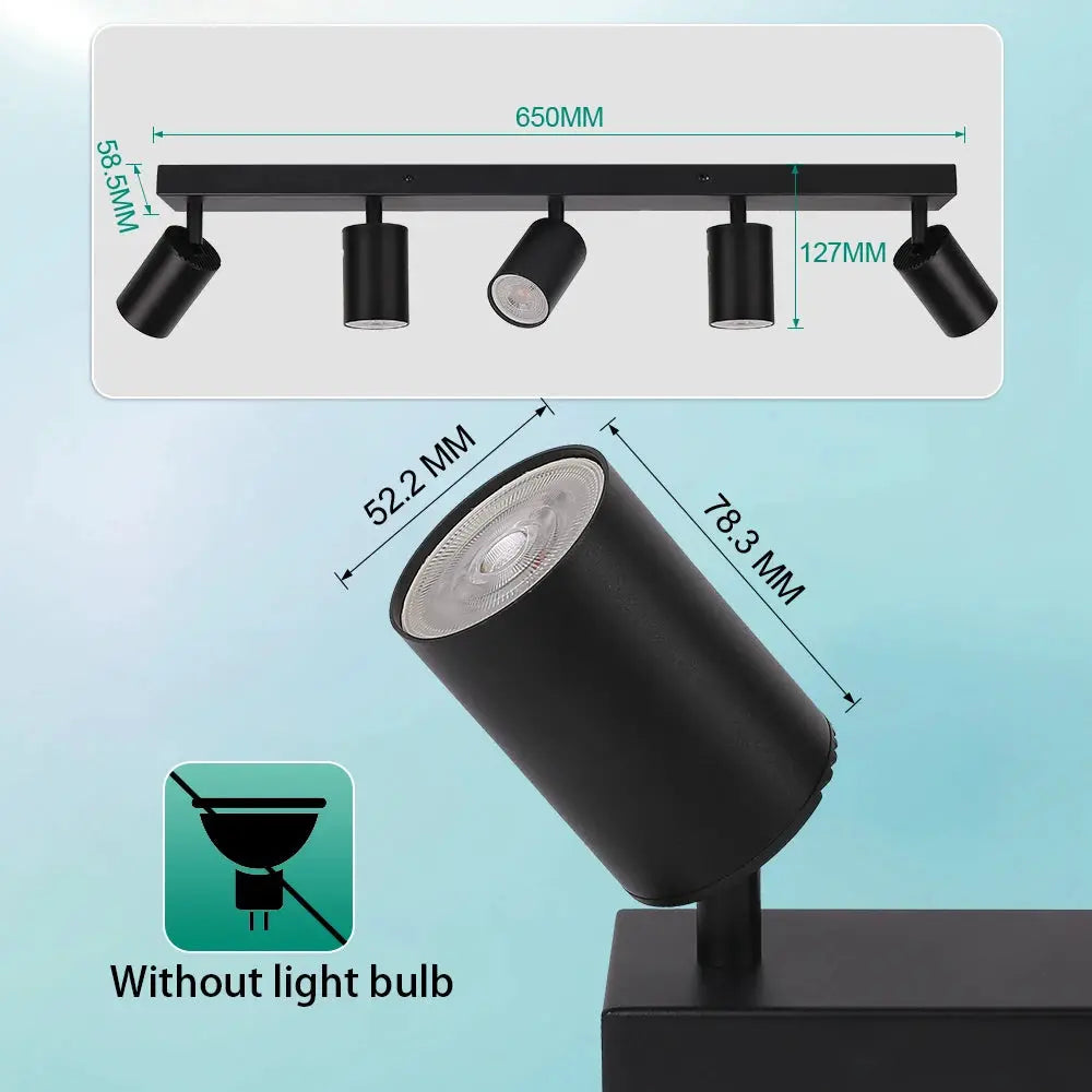 Black GU10 LED spotlight ceiling light with four adjustable heads on a 650mm bar; replaceable bulbs.