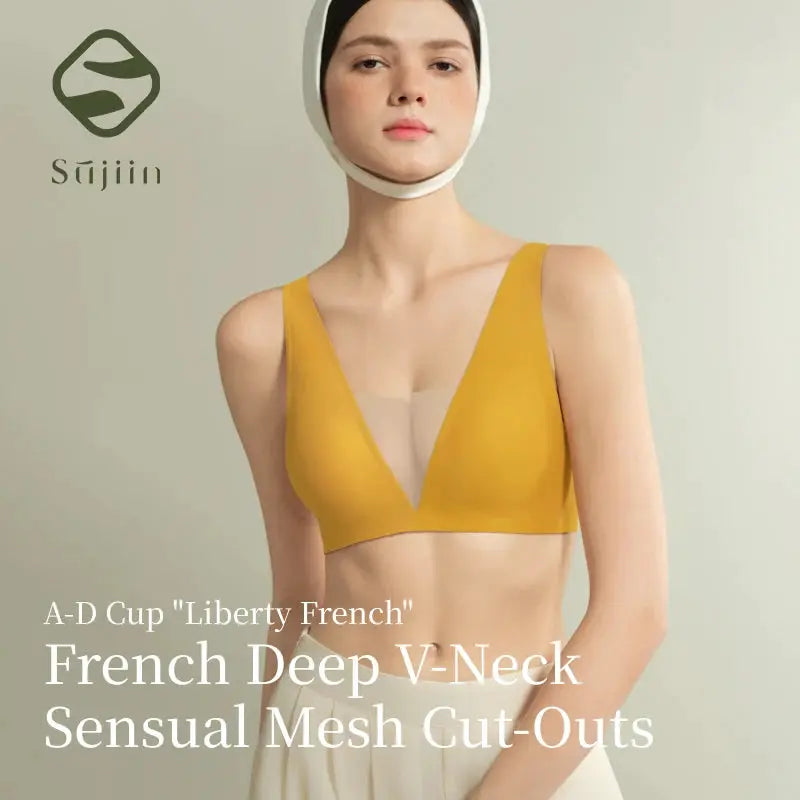 SUJIIN seamless plunge wireless bra for women in mustard yellow with deep V mesh panel