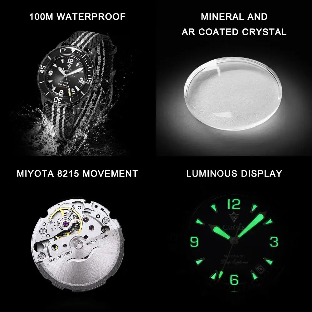 CADISEN Deep Explorer automatic watch with black canvas strap, 100M waterproof, Miyota 8215 movement, luminous display