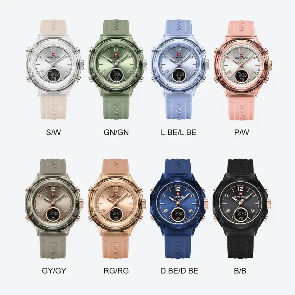 NAVIFORCE women's sport watches set of 8 with rubber straps, waterproof dual-time display