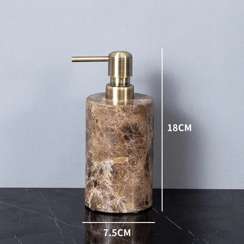 Marble soap dispenser in brown Emperador marble with brass pump.