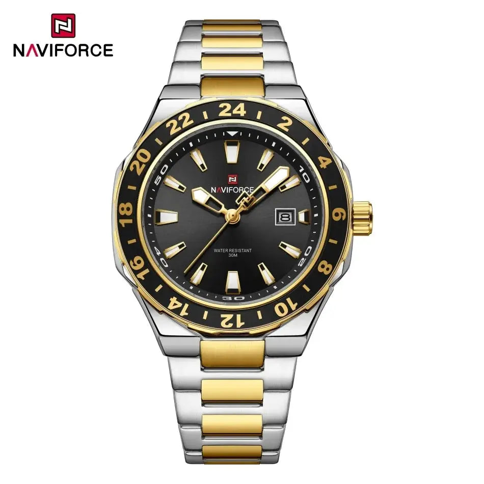 NAVIFORCE two-tone stainless steel watch with black dial, gold bezel, date window, water resistant 30M