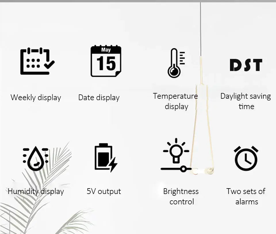 Multifunctional large screen digital alarm clock with humidity display, brightness control, 5V output, and two alarms.