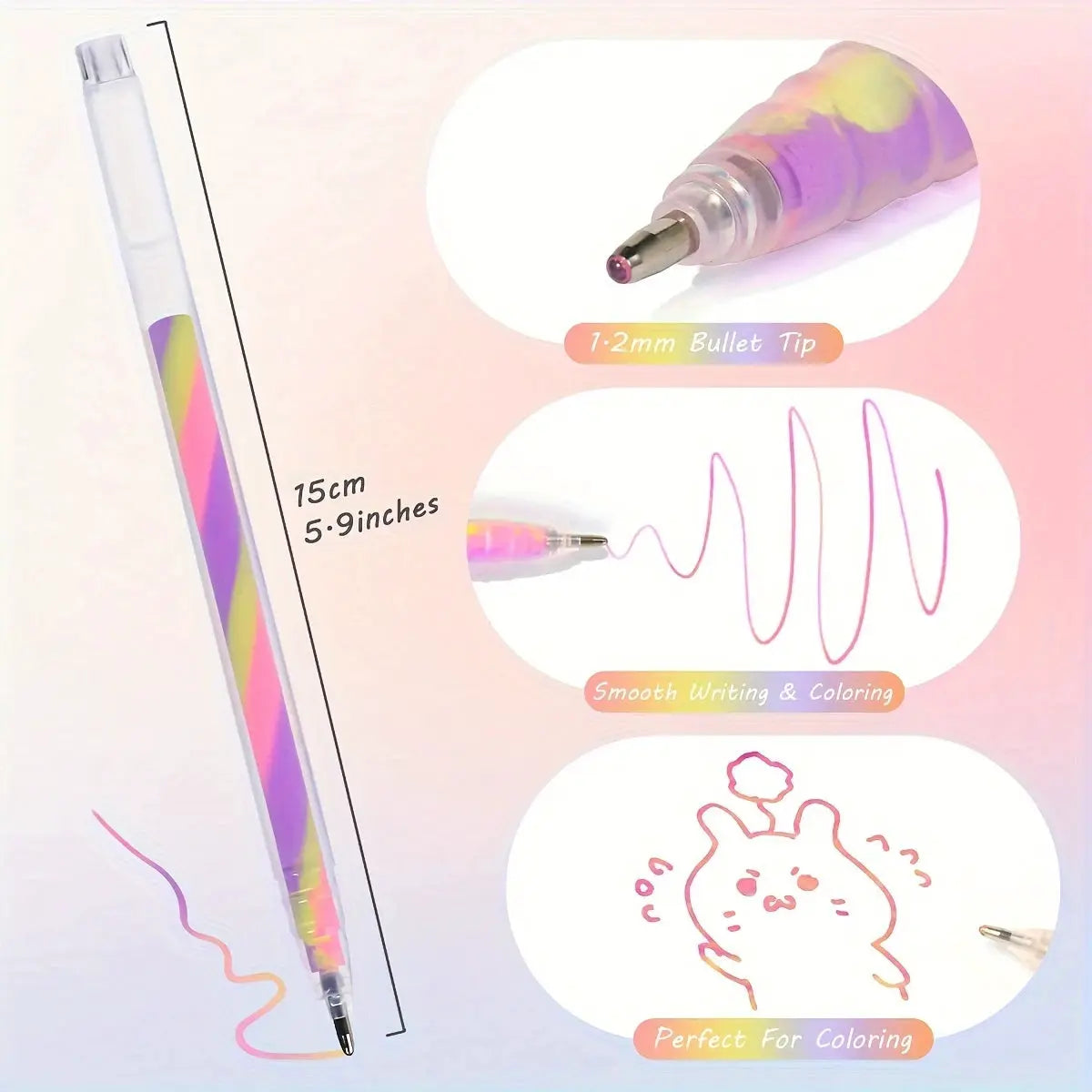 Simples Market 6pc glitter gel highlighter pen set, 1.2mm bullet tip, pastel swirled bodies