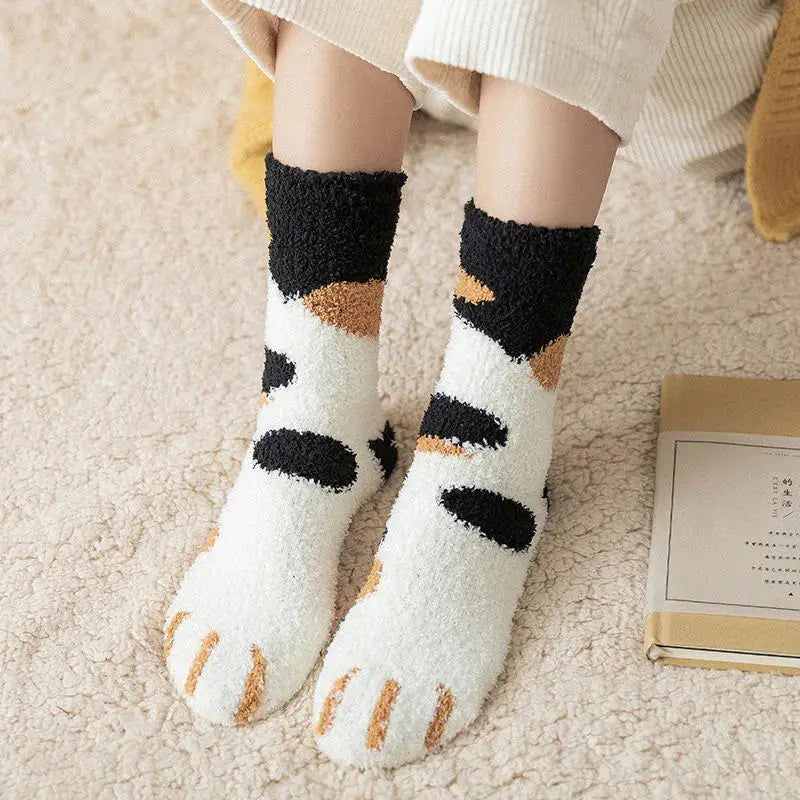 Kawaii Cartoon White Socks For Women Cute 3D Dog Paw Pattern Fleece Warm Home Floor Sleeping