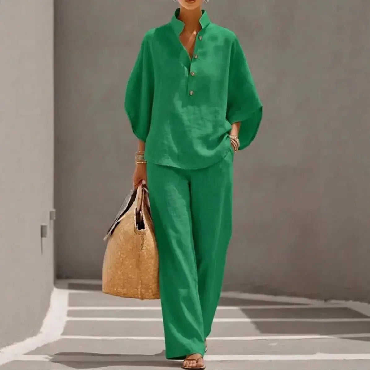 Cotton Linen Pant Set Women Stand Collar Button Top Wide Leg Trousers