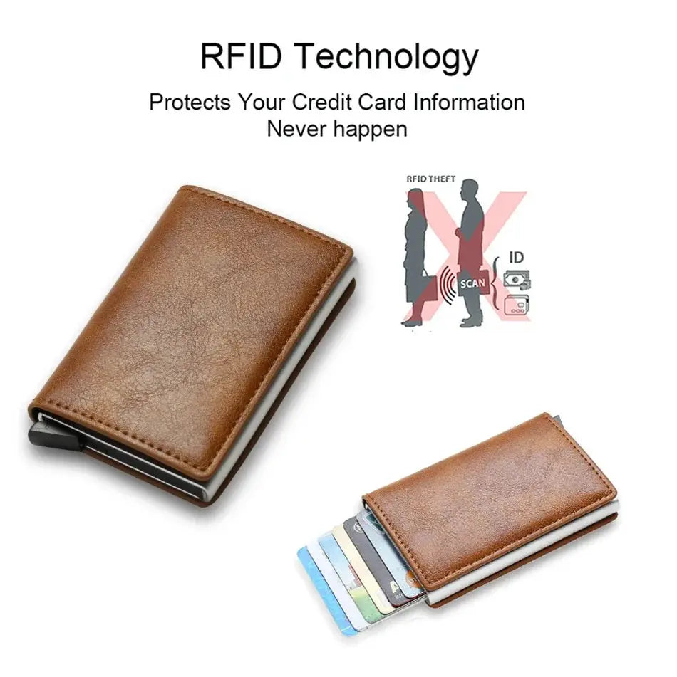 Two brown leather RFID card holder wallets with mini pop-up card tray Simples Market
