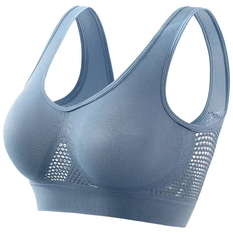Simples Market women's plus-size breathable mesh sports bra in blue, seamless, non-wire