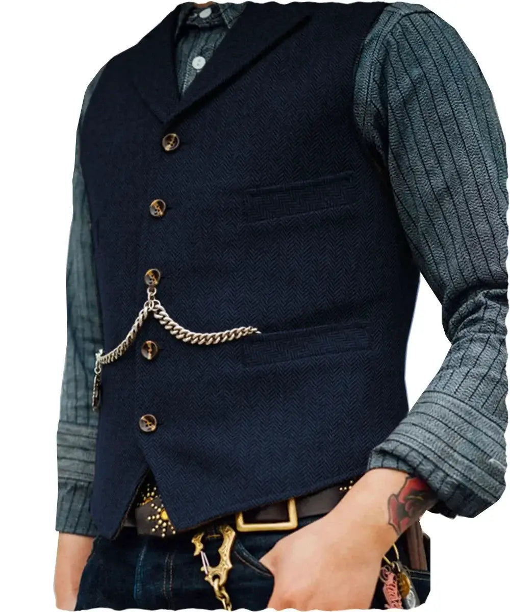 Men's navy wool tweed vest with chain, sleeveless waistcoat over a gray striped shirt